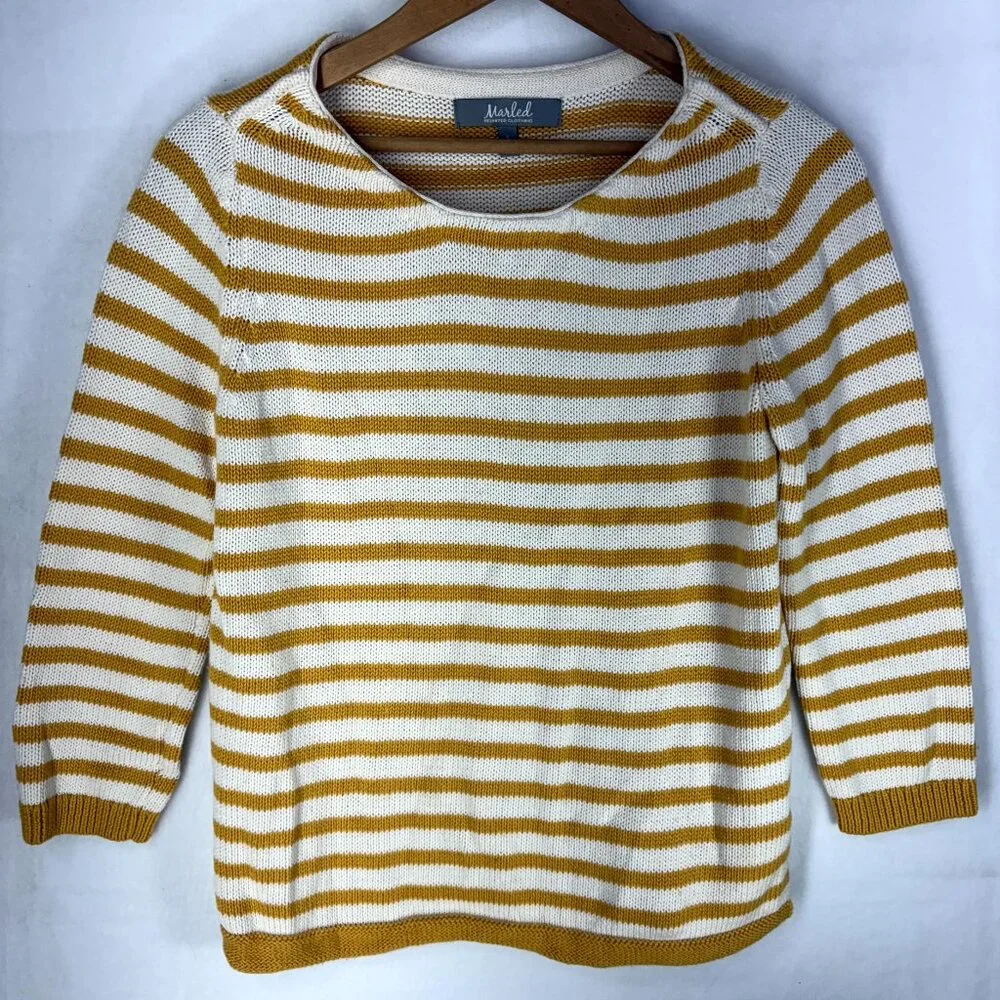 Marled Yellow Ochre White Stripe Cotton Sweater - Picture 1 of 6
